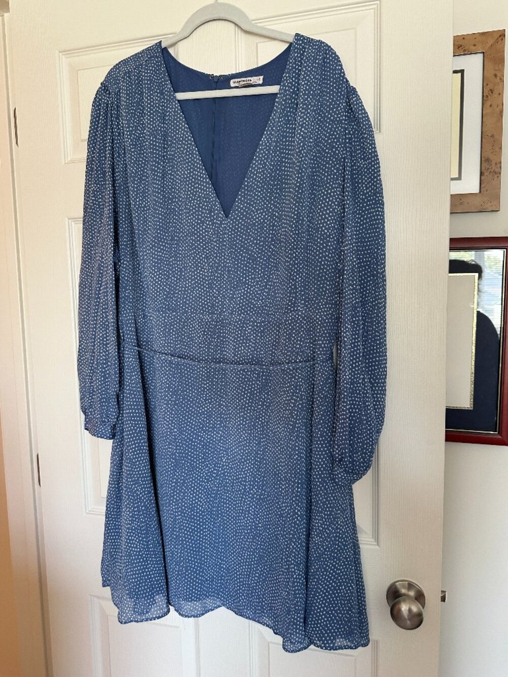 Glamourous Curve Blue and White Polka Dot Long Sleeve Dress Size US24